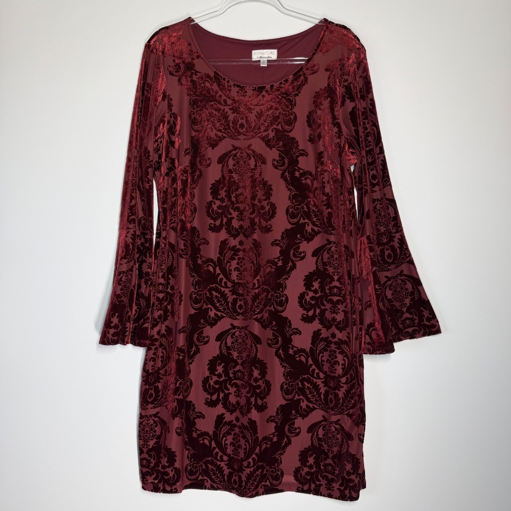 Signature by Robbie Bee Burnout Velvet Damask Bell Sleeve Dress XL - Picture 3 of 16